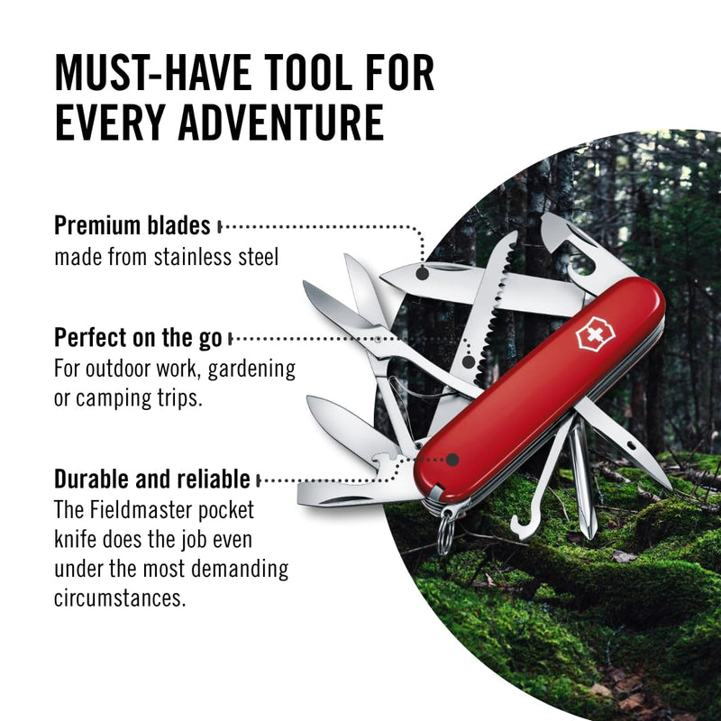 Victorinox Fieldmaster Swiss Army, 15 Function Pocket Knife, Red | Ideal for field work, camping trips and days in the garden alike
