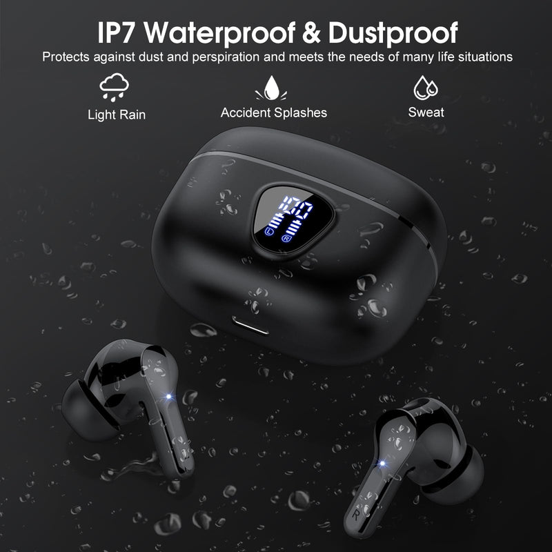 Wireless Earbuds, Bluetooth 5.3 Headphones HiFi Stereo, Bluetooth Earbuds with ENC Noise Cancelling Mic, IP7 Waterproof in Ear Earphones, 48H, LED Display Ear buds for Pad Phones Workout Sports, Black