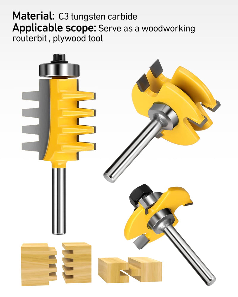 Finger Joint & Tongue and Groove Router Bits Set, 1/4 Inch Shank, 3 Pack | Precision Wood Joinery; Clean Cutting Performance; Reversible Profile Design; Multi-Material Compatibility 1/4" Shank 1/4" Shank Router Bit Set 3PCS