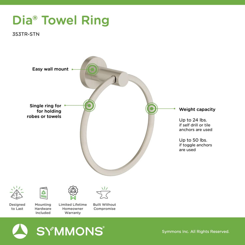 Symmons 353TR-STN Dia Wall-Mounted Towel Ring in Satin Nickel