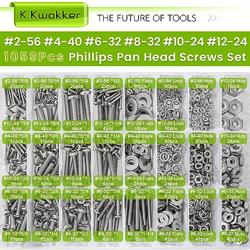 1059Pcs Nuts and Bolts Assortment Kit Phillips Pan Head #2-56#4-40#6-32#8-32#10-24#12-24 Machine Screws, K Kwokker 26 Sizes 304 Stainless Steel Screws Nut and Bolt Assortment with Screw Organizer A. #2-56 - #12-24