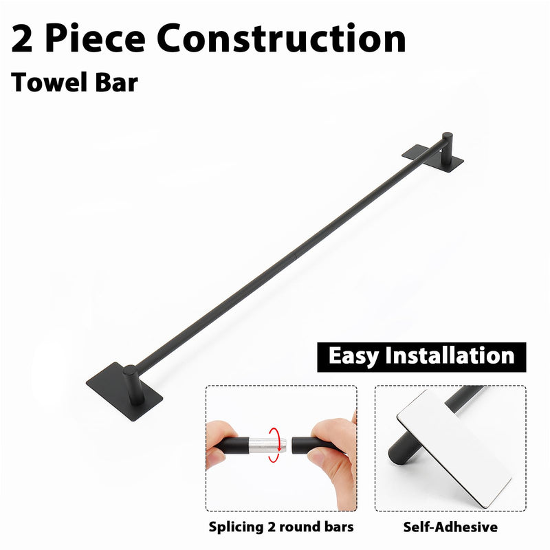 NearMoon Self Adhesive Bathroom Towel Bar- Stainless Steel Bath Wall Shelf Rack Hanging Towel Stick On Sticky Hanger Contemporary Style, NO Drilling (1 Pack, Matte Black, 24-Inch Towel Rack) 1 Pack