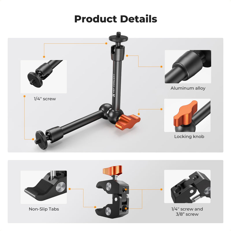 K&F CONCEPT 9.8" Magic Arm Clamp Kit with 1/4" & 3/8" Thread Screw 360° Ball Heads Articulating Magic Arm Camera Mount for DSLRs, Monitor, Flash, LED Light, Microphone, Camera Cage, Action Camera 9.8" with Clamp