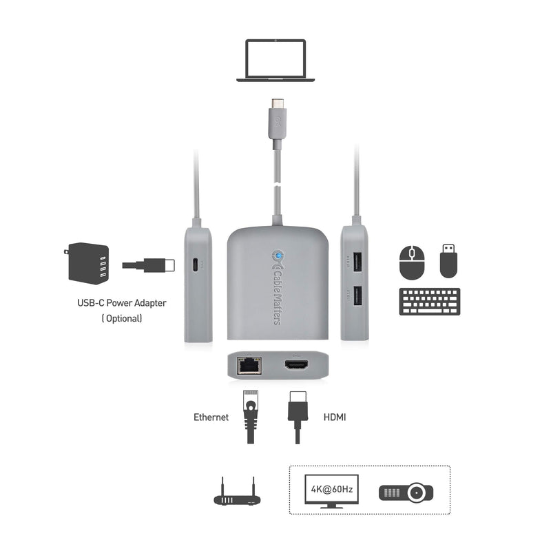 [Works with Chromebook Certified] Cable Matters USB C Hub Multiport Adapter with 4K HDMI, 2X USB 2.0, 480Mbps Ethernet, and 60W PD