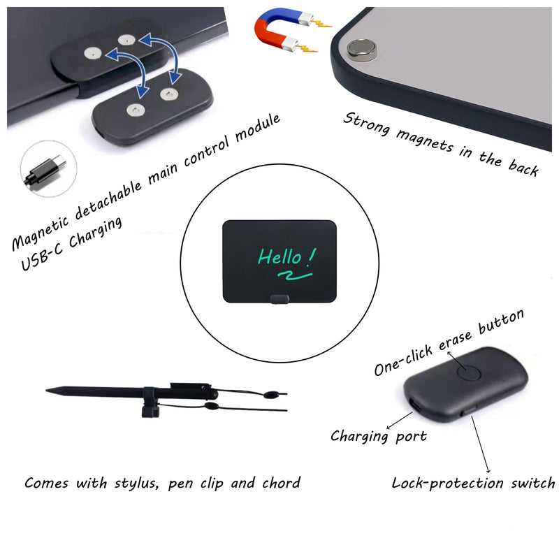 ROYALITA 20-Inch LCD Writing Tablet, Writing Board Note Board for Fridge, Dry-Erase & Sticky Note Alternative for Home & Office, Large Reusable Writing Pad with Built-in Magnets & Instant Erase Black