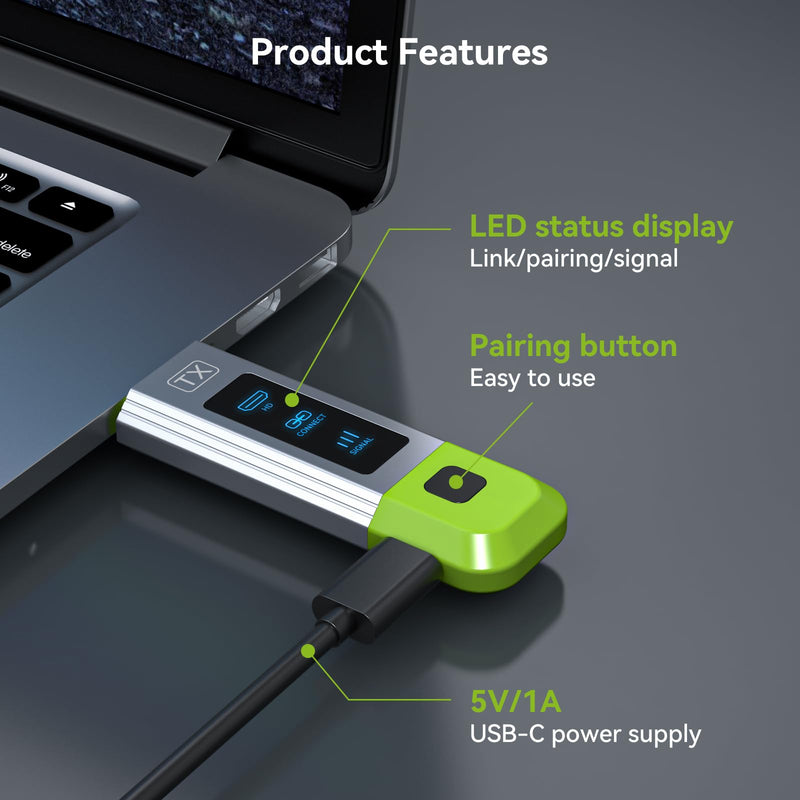 TJCXELE Wireless HDMI Transmitter and Receiver 328FT/100M Support 4K Decode 1080P@60Hz HD Video Output,Plug&Play 2.4G+5.8G Wireless HDMI Extender for Video and Audio to Monitor from PC/Projector/TVBox 1TX to 1RX Green