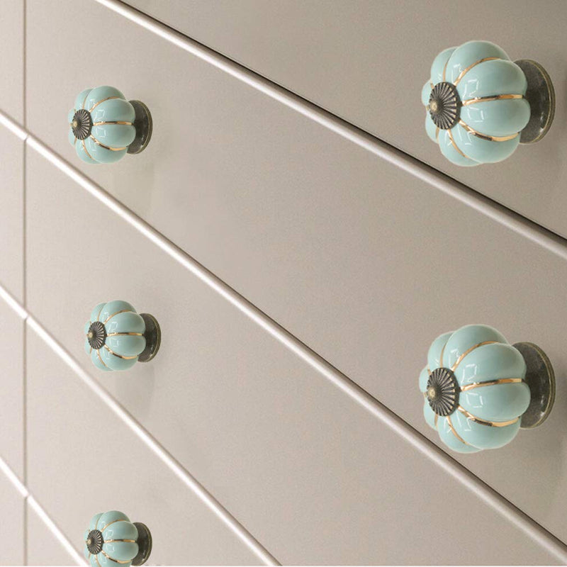 Yusheng 12 Pack Vintage Ceramic Pumpkin Cabinet Knobs, Kitchen Cabinet Drawers Dresser Cupboard Pull Handles Door Pulls with 3 Kinds of Screws (12 Pack, Sky Blue)
