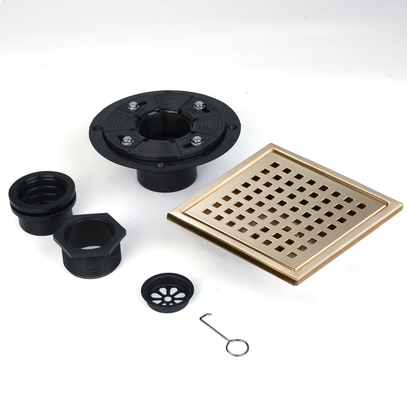 SaniteModar Shower Drain, 6 inch Shower Floor Square Drain with Flange, Removeable Grid Panel SUS 304 Stainless Steel Square Shower Drain, Brushed Gold