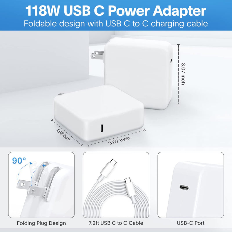 Mac Book Pro Charger - 118W USB C Fast Charger Power Adapter Compatible with USB C Port MacBook Pro/MacBook Air 16 15 14 13 Inch, New iPad Pro and All USB C Device, Included 7.2ft USB C Charge Cable White
