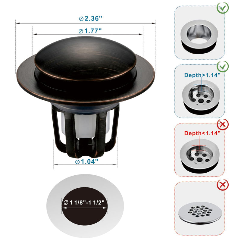 Oil Rubbed Bronze Pop Up Sink Stopper for Bathroom Sink, Welsan Universal Pop-Up Drain Stopper with Hair Catcher, Fits 1 1/8"-1 1/2" Drain Hole, 2 Pack Oil Rubbed Bronze-2