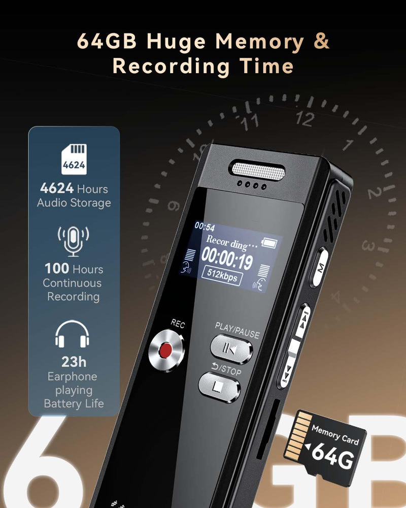 64GB Digital Voice Recorder,Voice Activated Recorder with Playback,Voice Recorder for Lectures,HD Dual Mic Tape Recording Device,Sound Audio Recorder with Line-in