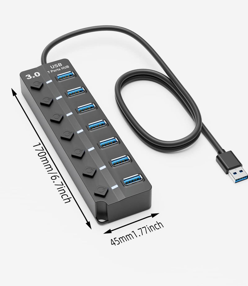 USB 3.0 Hub, 7-Port with Individual On/Off Switches & LED Indicators, 5Gbps High-Speed Data Hub for Laptop, PC, MacBook, Surface Pro, PS5, HDD, Flash Drive (4ft Cable)