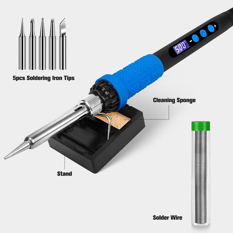 Soldering Iron Kit with LCD Display, 100W LED Display Adjustable Temperature, Soldering Iron with Automatic Sleep Mode, Soldering Gun with 5 Soldering Tips, Solder Tin, Stand, Welding Tool Blue
