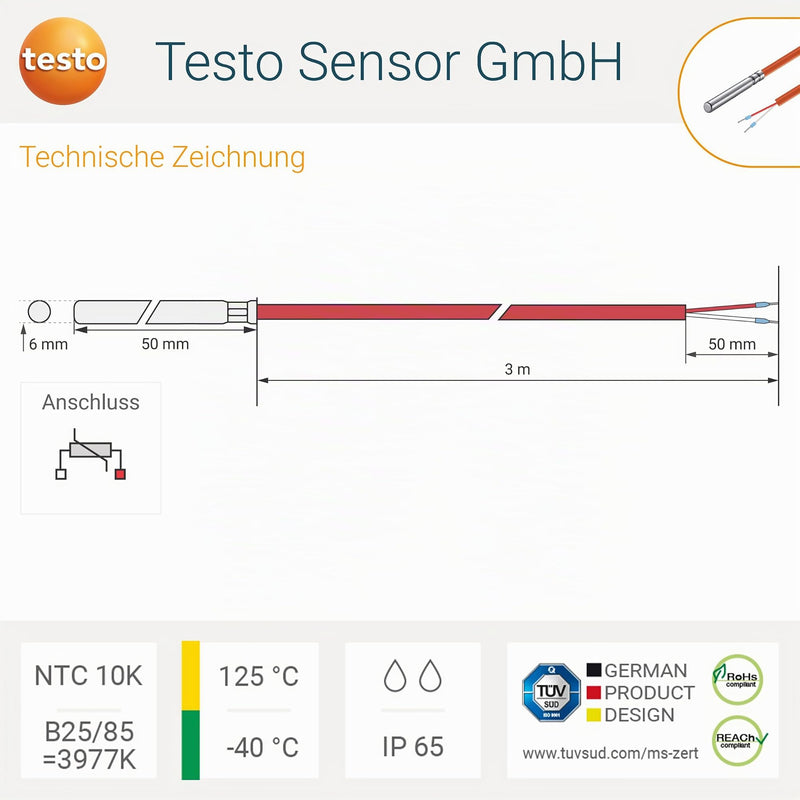 Testo Sensor NTC 10K Cable Sensor 3 m Silicone IP65 +125 °C Solar Heating 3 Meters