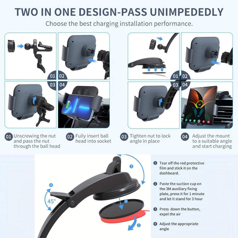 Wireless Car Charger Mount – Fast Qi 15W Charging – Dashboard & Air Vent Phone Holder – Adjustable Angle – Compatible with iPhone & Android Devices