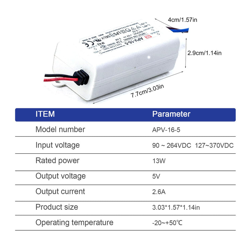 LED power supply 13W 5V 2,6A ; MeanWell, APV-16-5 ; Switching power supply