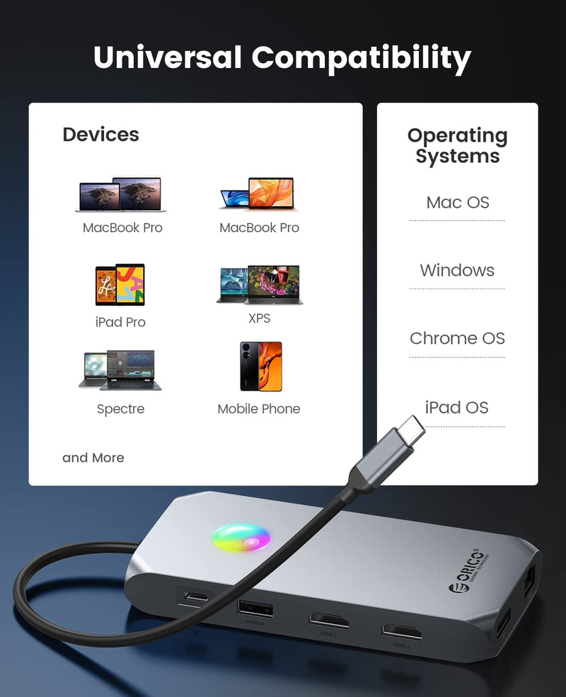Docking Station USB C to Dual HDMI Adapter, ORICO 12 in 1 RGB USB C Hub with Dual HDMI, DP 1.4, 100W PD, Ethernet, 4 USB Ports, SD/TF, Audio, 14 RGB Lighting Modes, Compatible for Windows/Mac OS（Grey） X3 Grey