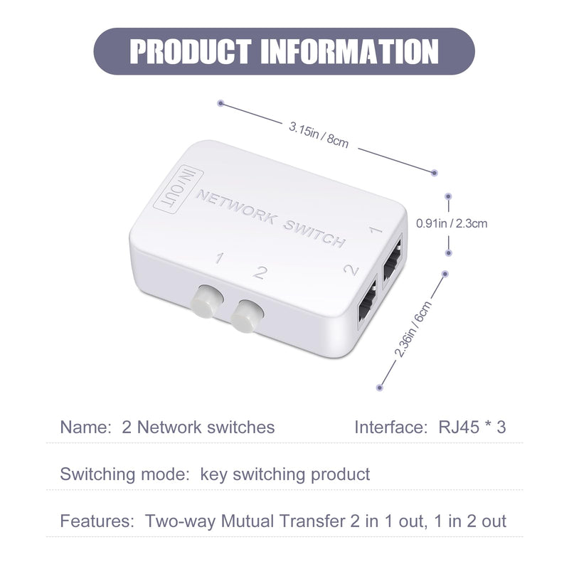 2 Ports Network Switch Splitter Selector RJ45 Network Switch 2x1 Ethernet RJ45 Network 2-in 1-Out or 1-in 2-Out 100M/500M