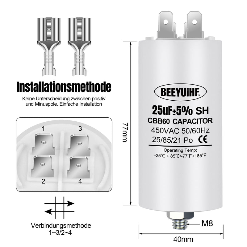 BEEYUIHF CBB60 motor capacitor 25µF 450V capacitor 50/60Hz starting capacitor 25UF motor running capacitor plug M8 for electric motor 45 x 95 mm 25µF / 25uF
