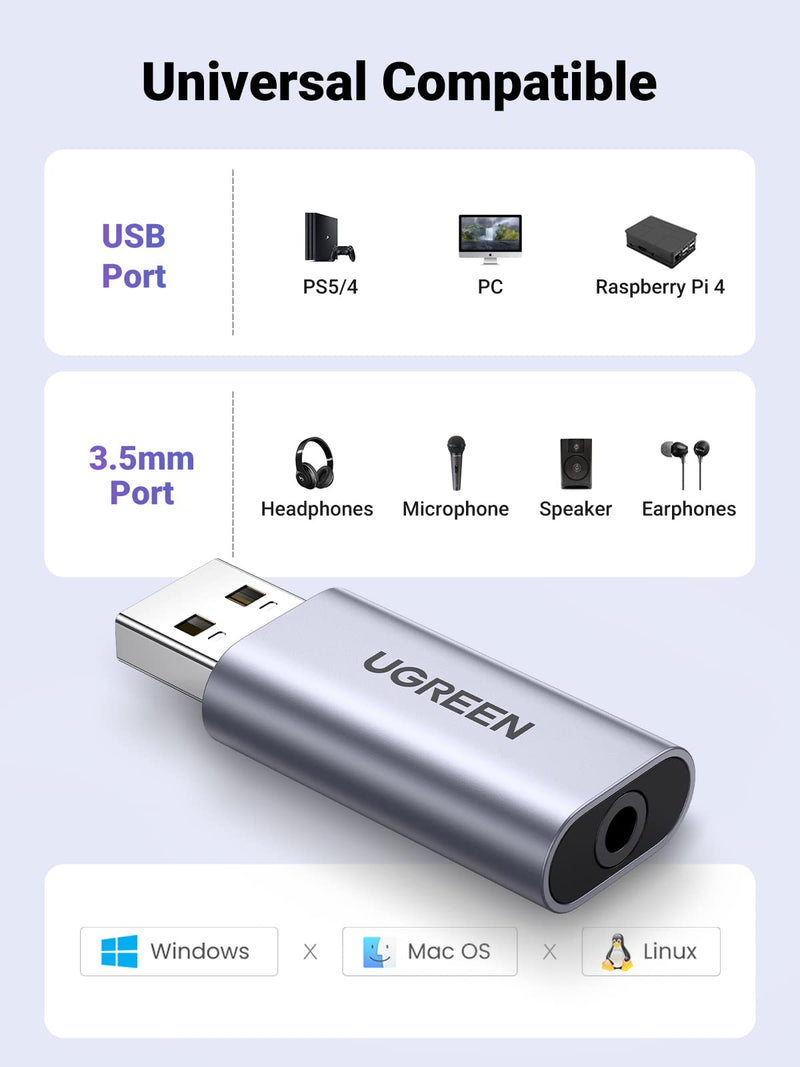 UGREEN USB to Audio Jack USB External Sound Card 3.5mm Audio Adapter 2 in 1 USB A to Aux TRRS Headphone Bundle with Aux to USB C, Type C to 3.5mm Audio Jack Cable 3.3FT