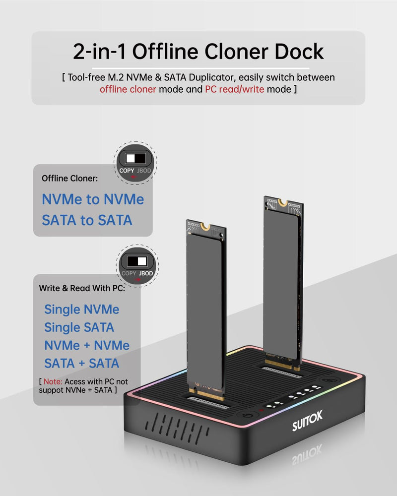 M.2 Duplicator Cloner Dual-Bay Offline USB C to NVMe SATA Dock Station, 20Gbps M2 Reader for Both (M Key, B+M Key) PCIE NGFF Docking, Size for 22110 2280 2260 2242 2230 Enclosure - STK03 STK03 20Gbps Dual Bay M.2 Duplicator