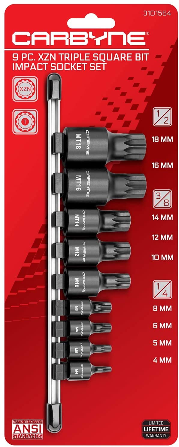CARBYNE 9-Piece Triple Square Impact Socket Set, XZN Spline Bit, CrMo Steel, Manganese Phosphate Coating, Metric M4 to M18, 1/4 in. 3/8 in. and 1/2 in. Drive