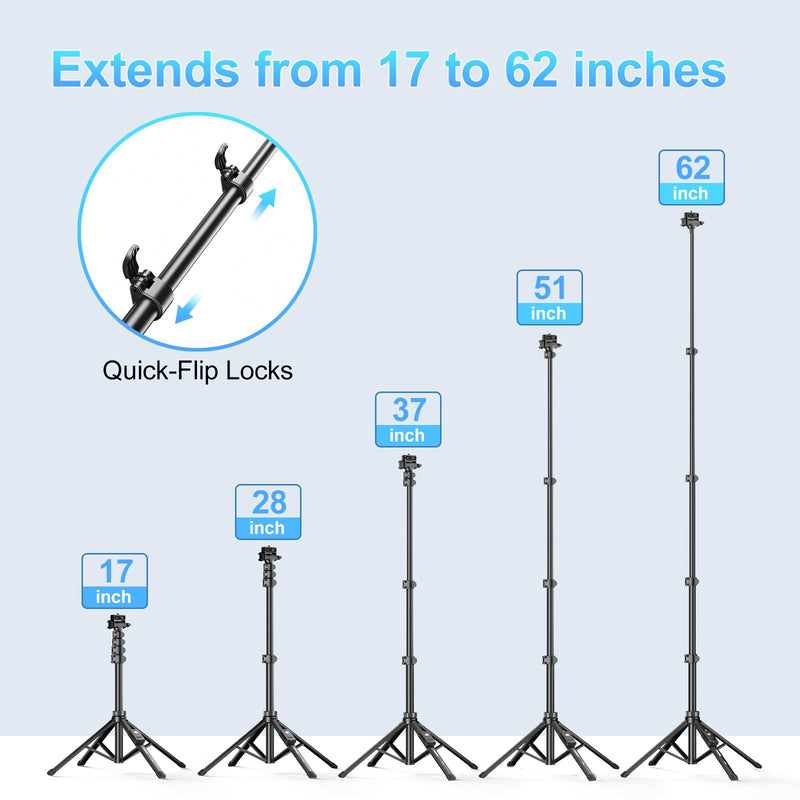 Fugetek 62" Professional Cell Phone Tripod, Ultra Stable 4 Leg Design, Bluetooth Remote, 100% All Aluminum Stick & Legs, Portable All in One, 360° Phone Mount with 2 Cold Shoe Slots, Non Skid Feet Quadrapod