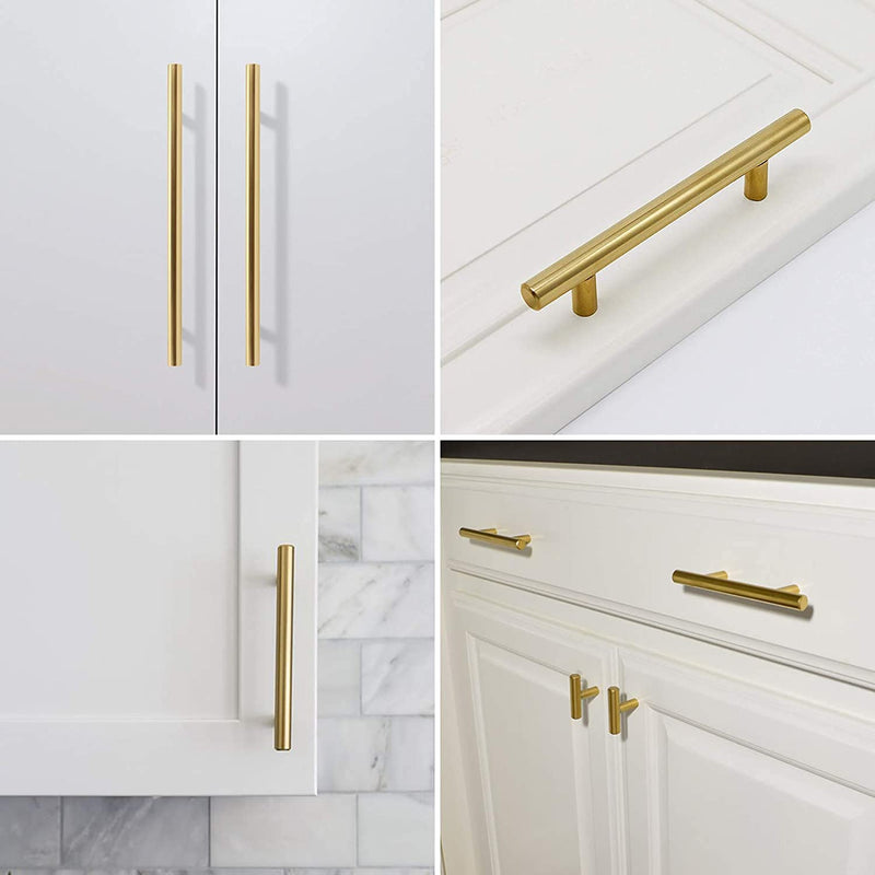 Haliwu 10 Pack 5 Inch Gold Cabinet Handles Kitchen Cabinet Handles for Drawer Pulls Brushed Gold Pulls Stainless Steel Modern Hardware for Bathroom 5-1/16 inch hole center Brass Gold
