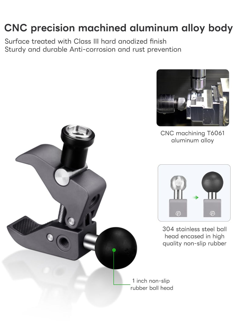 FANAUE CC-04F Anti-theft Handlebar Base Mount Strong Rod Clamp with 1 Inch Ball Head for Rails 0.5" to 2.0" Diameter, Compatible with RAM Mounts B Size Double Socket Arm & Bike Motorcycle Phone Holder