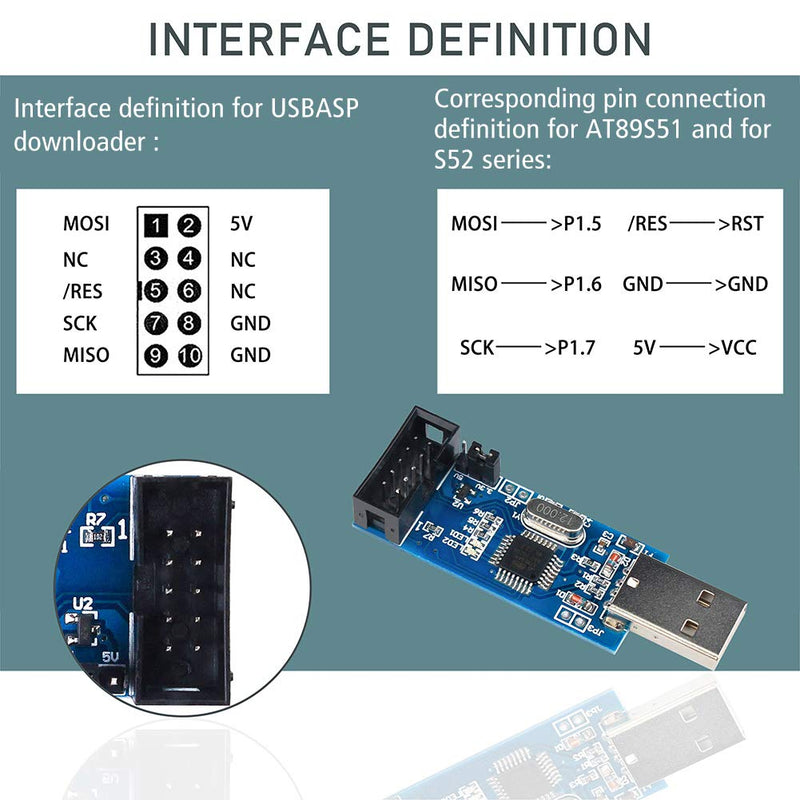 KeeYees Pack of 2 downloader programmers for USBASP for ISP with cable and 10-pin to 6-pin adapter board for 51 for AVR series microcontrollers