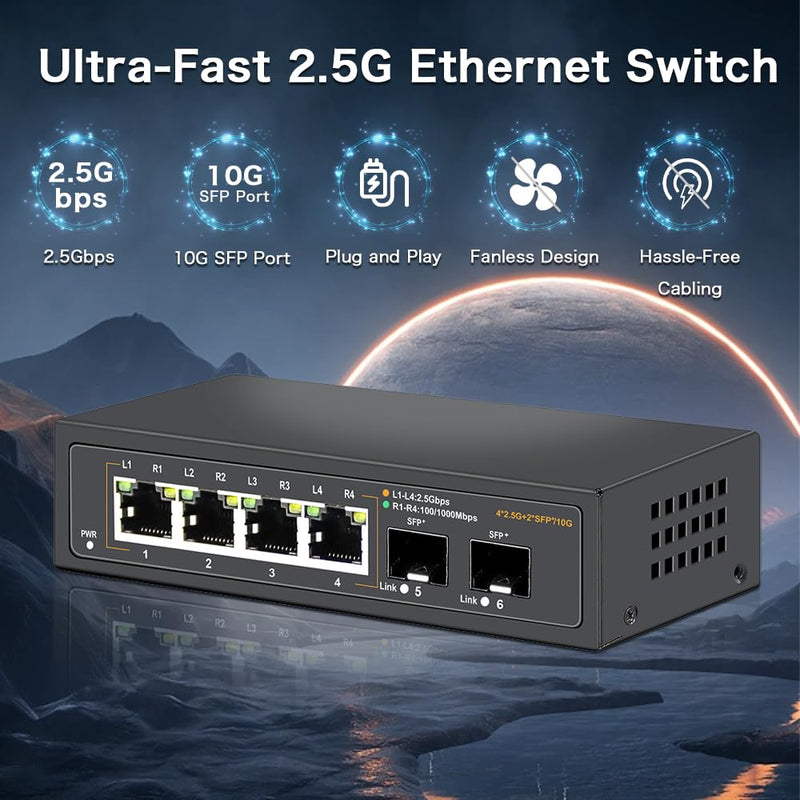 2.5G Unmanaged Ethernet Switch with 4 x 2.5G Base-T Ports and 2 x 10G SFP Uplink Port, Compatible with 100/1000/2500Mbps, Fanlesss Design, Plug & Play, Metal 2.5Gb Network Switch Da-K6402W