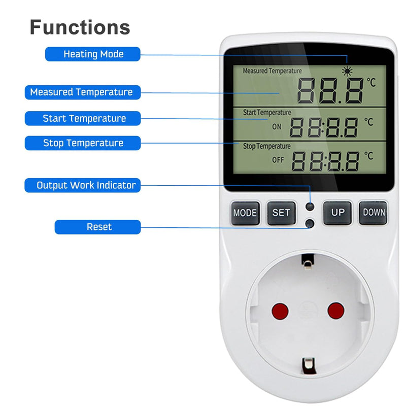 Greluma 1 Piece AC 230V Digital Temperature Controller Socket with Sensor Probe, Heating Cooling Thermostat Socket with Timer, LED Display Thermostat Switch for Greenhouse, Aquarium