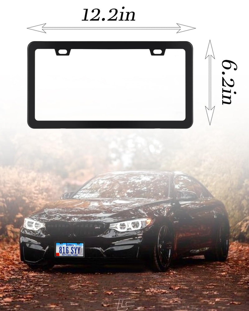 2 Pack Black License Plate Frame, Black Aluminum License Plate Cover, Matte License Plate Front and Rear 2 Packs. (2 Holes), Come with Screw Cap, Screw,Washer