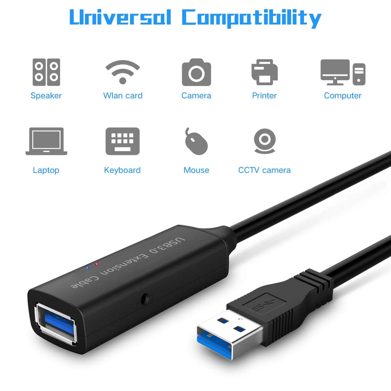 RSHTECH USB 3.0 Active Extension Cable 32 Feet with 5V 2A Power Adapter, USB 3.0 Extender Male to Female Cord with Built-in Signal Booster Chips for Xbox, PS4, USB Printer, Mouse, Keyboard, etc 32ft/10M+5V 2APower adapter