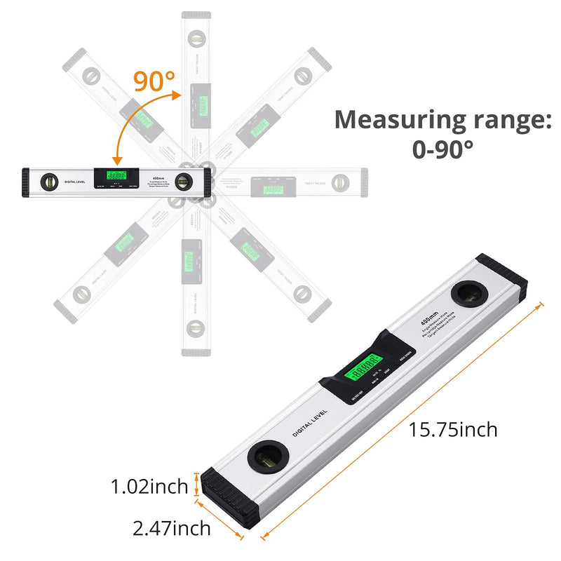Neoteck Spirit Level Digital LCD Spirit Level 16 Inch 400 mm LED Angle Bevel with V-Groove Magnetic Base, Audio Display, 4 Adjustment Modes Angle Measurement Tool for Roofs, Railings, Ramps