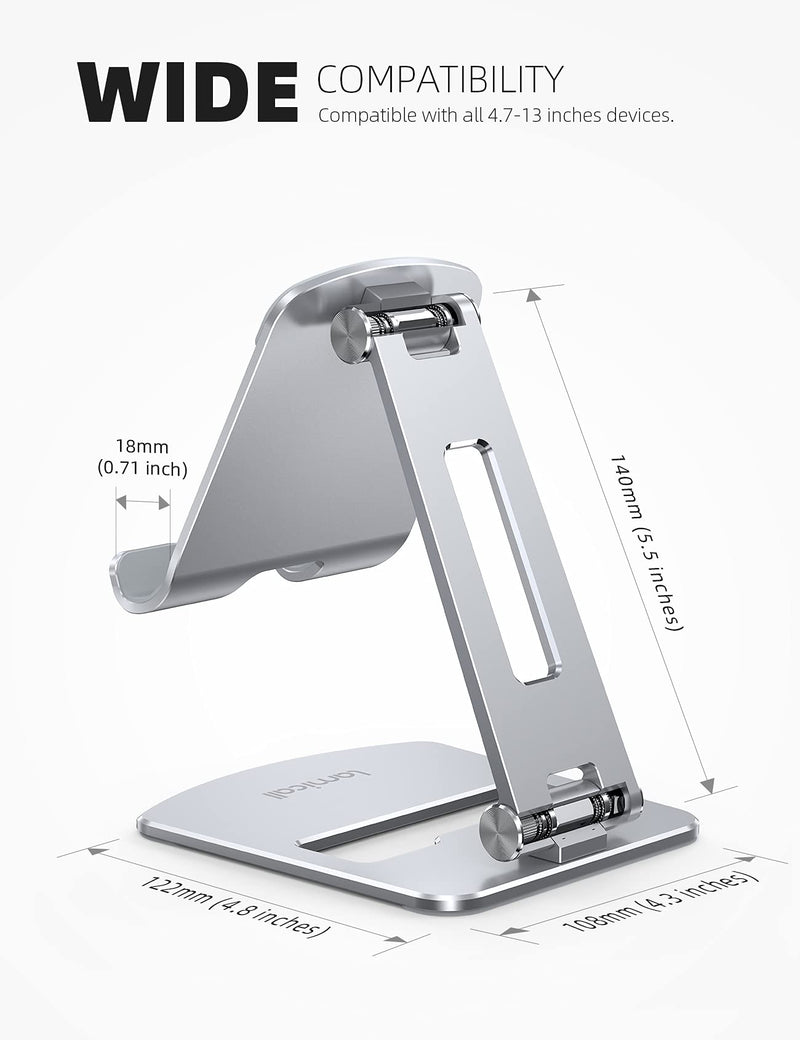 Lamicall Adjustable Tablet Stand Holder - Foldable Phone Dock, 360°Rotating Desktop Tablet Mount, for 4.7-13" Tablets, Such as iPad Pro 11, 12.9 Air Mini, Tabs, Kindle, iPhone Air 17 Pro Max, Silver