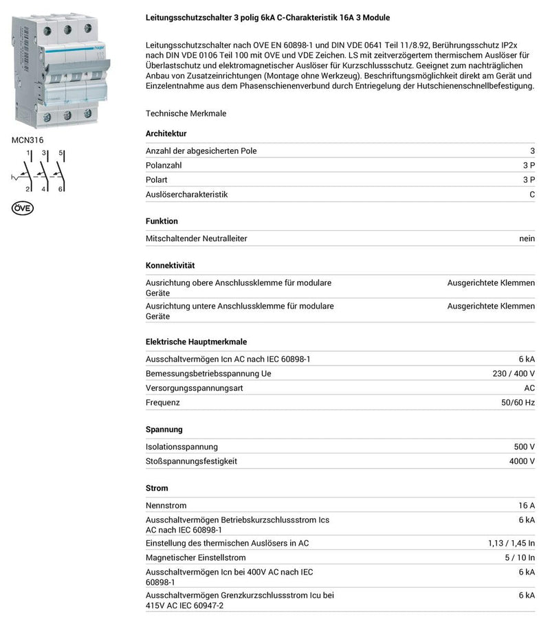 Hager-Mcn316-breaker | 3-phase circuit breaker with 6 kA switching capacity, 400 V rated voltage and 3 module widths in screw technology