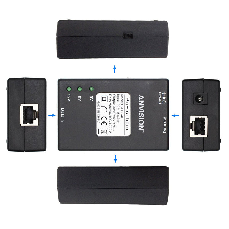 ANVISION 2-Pack Active Gigabit PoE Splitter Adapter with Multi-Size Tips, IEEE 802.3af Compliant, up to 100 Meters (328 Feet), DC 5V/9V/12V Power Output for IP Camera AP Voip Phone and More