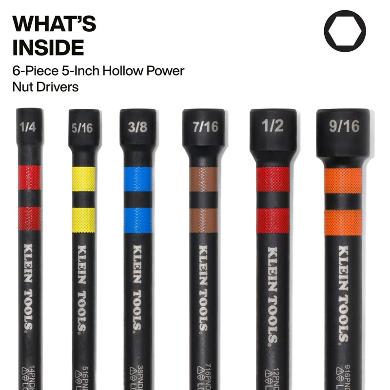 Klein Tools 32940 SAE Magnetic Hollow Impact Nut Drivers Set, 6-Piece Color Coded Hollow Power Nut Driver with Extended Reach, 6 SAE Sizes 5-Inch/6-Piece Set