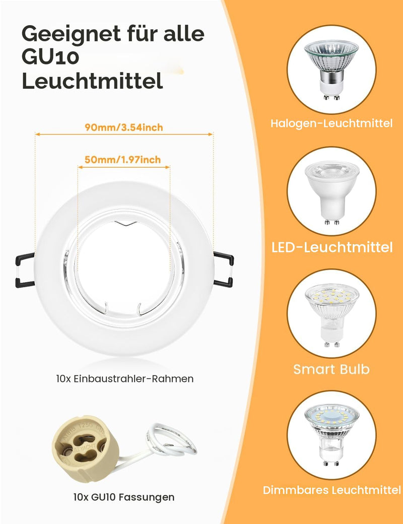 LED Recessed Spotlight GU10 Set (Including GU10 Socket), LED Spotlights 230 V 68 mm | Mounting frame in round, matt white, 30° swivel, metal recessed spotlights, for recessed lighting (pack of 10)