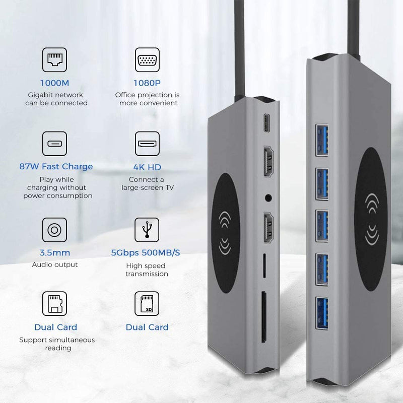 USB C Hub Laptop Docking Station + Wireless Charger 14-in-1, Card Reader, HDMI
