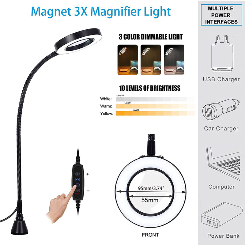 Toolour Magnetic Helping Hand with Light, Third Hand Soldering Tool with 3X LED Magnifier (No Adapter), Soldering Holder with 4 PCB Columns, 4 Flexible Arms Soldering Station, Ideal for Soldering 4AB-BL