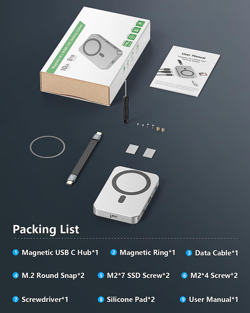 Magnetic M.2 NVMe Enclosure with Cooling Fan, 7 in 1 USB C Hub 10Gbps Data Transfer 4K@60Hz HDMI 100W Power Delivery SD/TF Card Reader M.2 NVMe SSD Docking Station for Type-C Devices