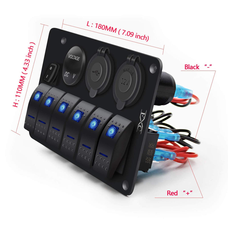 FXC Waterproof Marine Boat Rocker Switch Panel 6 Gang with 3.1A Dual USB Slot Socket + Cigarette Lighter +LED Voltmeter with Power-Save for Car Rv Vehicles Truck (6 Gang Blue LED)