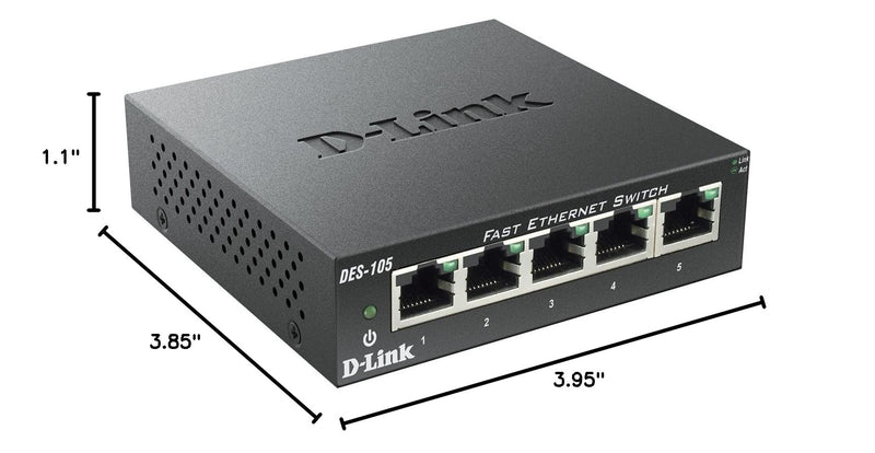 D-Link DES-105/B, Fast Ethernet Switch, 5 Port Unmanaged 10/100 Metal Fanless Desktop or Wall Mount Design Compact 5-Port Switch