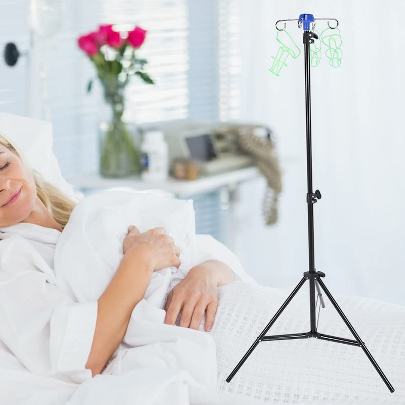 Saluaqui Portable IV Pole Stand, IV Stand for Drip Bags, Stainless Steel Infusion Set with 4 Hooks, Foldable Stand for Nursing Homes and Home Care