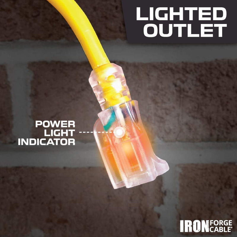 IRON FORGE CABLE 3 Foot Lighted Outdoor GFCI Extension Cord - 12/3 SJTW Heavy Duty Yellow Pigtail Extension Cable with 3 Prong Grounded Plug for Safety, 15 AMP 1 Outlet-Inline