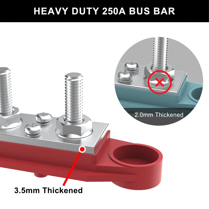 Upgraded Bus Bar 250A 12V Power Distribution Block with 5/16" (M8) 4-Posts Terminals Block with Cover for Automotive, Marine, Battery System (Black & Red) 5/16" - Black & Red