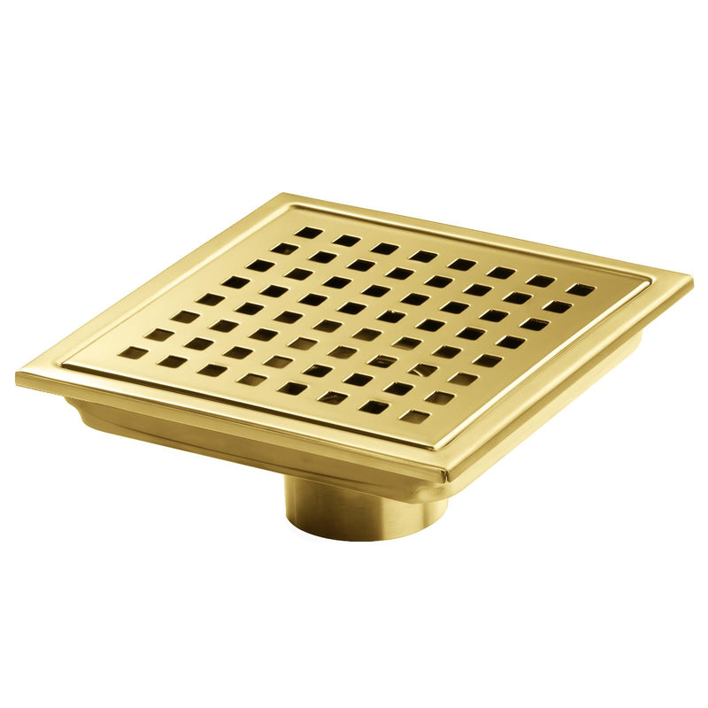 SaniteModar Shower Drain, 6 inch Shower Floor Square Drain with Flange, Removeable Grid Panel SUS 304 Stainless Steel Square Shower Drain, Brushed Gold