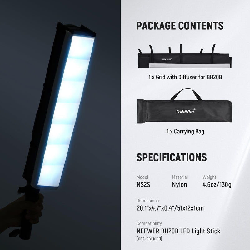 NEEWER Tube Light Grid Softbox Diffuser for BH20B LED Light Stick, Honeycomb Grid Strip Softbox with Diffuser, Carry Bag, Touch Fasteners for Live Stream YouTube TikTok Portrait Product Photos, NS2S
